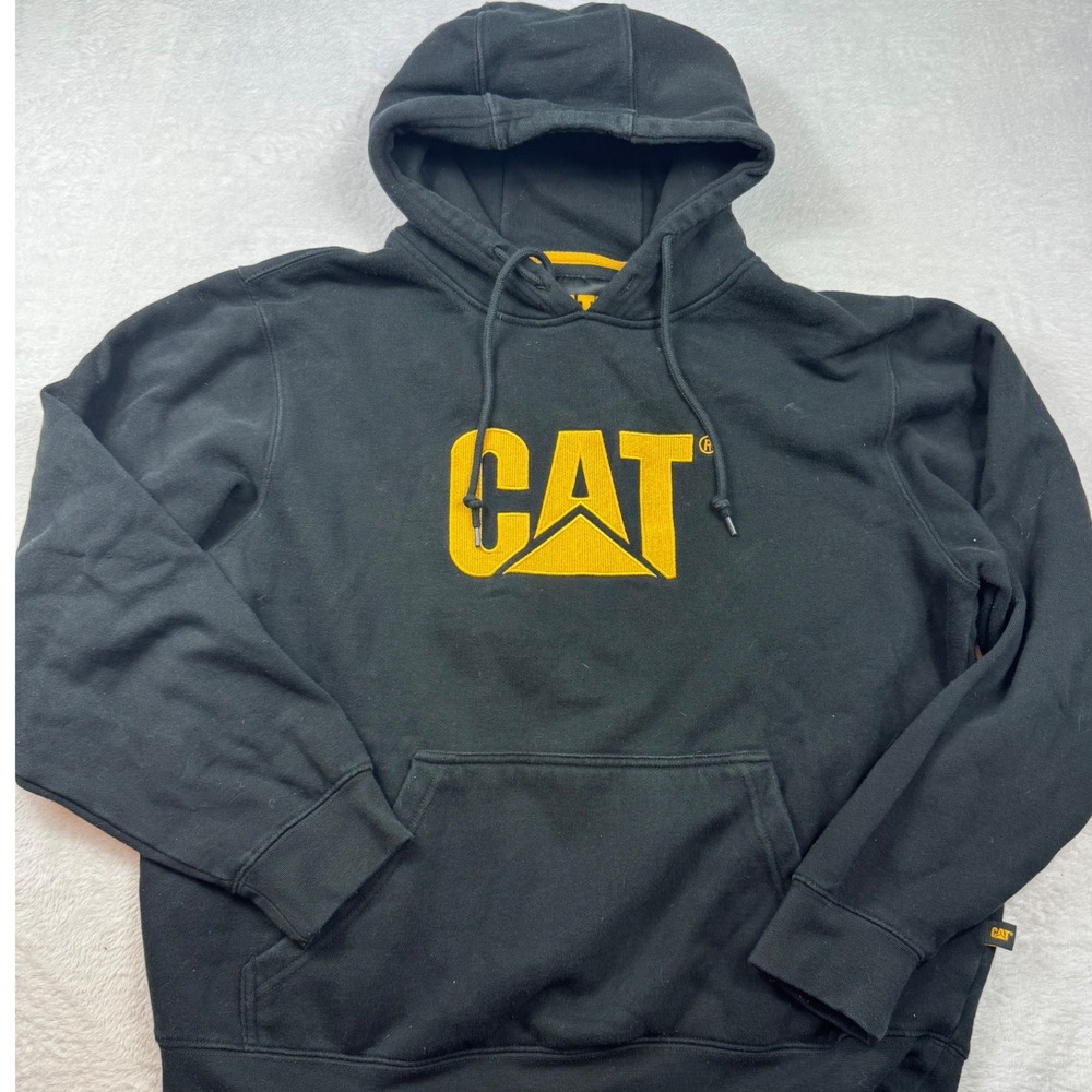 Caterpillar CAT Logo Hoodie Mens Large Black Yellow Workwear Pullover Sweatshirt